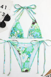 Neckholder-Triangel-Bikini-Set mit seitlicher Schnürung - Grün geblümt